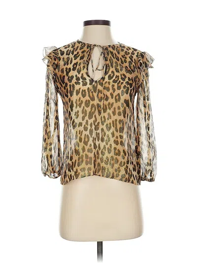 Pre-owned Alice And Olivia Alice + Olivia 3/4 Sleeve Silk Top Tan Cold Shoulder Neckline Tops In Brown