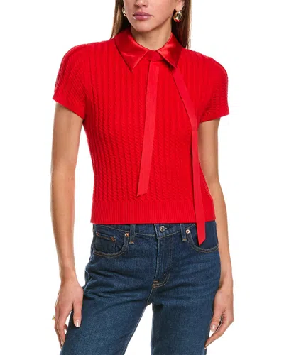 Alice And Olivia Abbott Bow-detailed Cable-knit Wool-blend Polo Sweater In Red