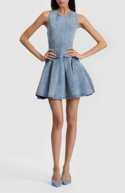 Alice And Olivia Alice + Olivia Adley Pleated Drop Waist Denim Minidress In Blue