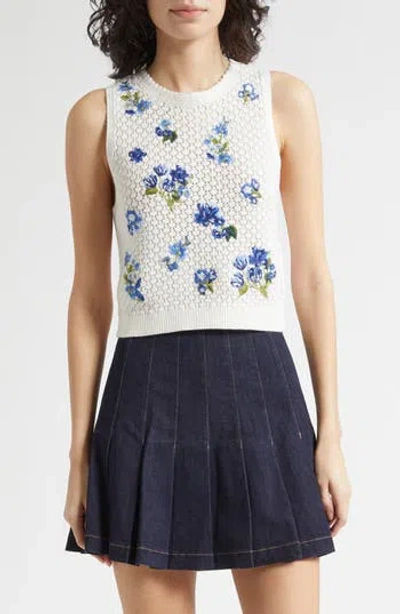 Alice And Olivia Alice + Olivia Amity Floral Embroidered Wool Blend Sweater Tank In White