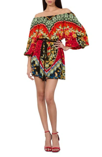 Alice And Olivia Alice + Olivia Artemis Print Off The Shoulder Long Sleeve Belted Minidress