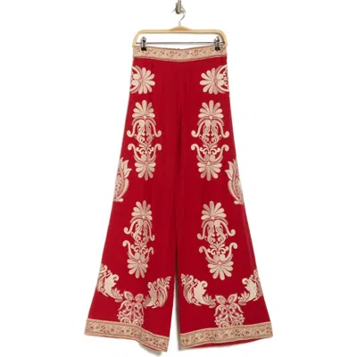 Alice And Olivia Alice + Olivia Athena Embroidered Wide Leg Linen Pants In Burgundy
