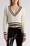 Alice And Olivia Ayden Cropped Cable-knit Wool-blend Sweater In Ecru/black