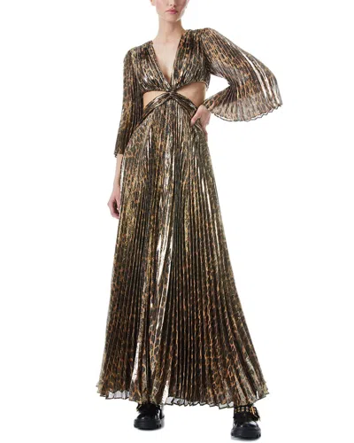 Alice And Olivia Bahama Metallic Pleated Cutout Silk Blend Maxi Dress In Brown