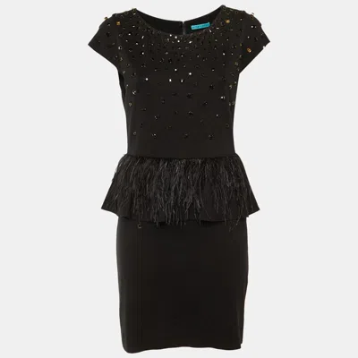 Alice And Olivia Alice + Olivia Black Embellished Jersey Feather Detail Peplum Mini Dress