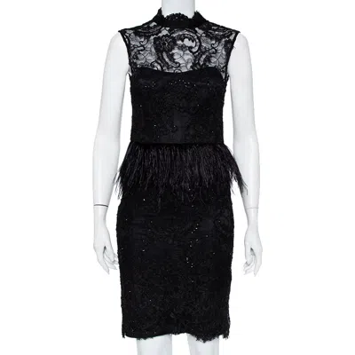 Alice And Olivia Alice + Olivia Black Embellished Lace & Feather Trim Patricia Peplum Dress