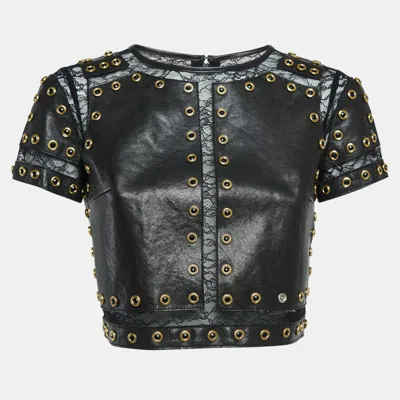 Alice And Olivia Alice + Olivia Black Lace Trim Leather Studded Crop Top