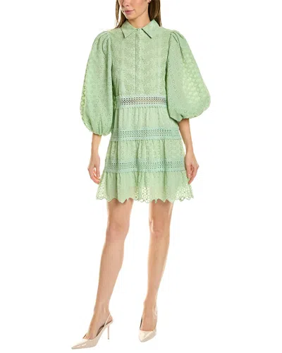 Alice And Olivia Blakesley Balloon-sleeve Embroidered Mini Dress In Green