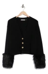 Alice And Olivia Alice + Olivia Bradley Faux Fur Cuff Wool Blend Crop Cardigan In Black