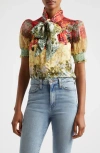 Alice And Olivia Brentley Tie Neck Puff Sleeve Blouse In Oakley