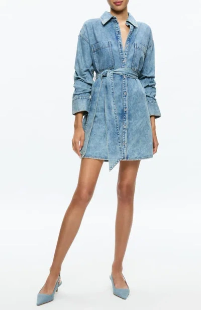 ALICE AND OLIVIA ALICE + OLIVIA BRIGITA RUCHED SLEEVE DENIM MINI SHIRTDRESS