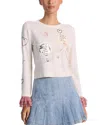 Alice + Olivia Carolann Script Embroidered Ruffle-cuff Sweater In Blue