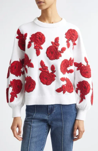 Alice And Olivia Alice + Olivia Carwen Embroidered Balloon Sleeve Sweater In White