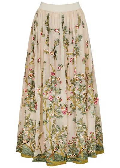 Alice And Olivia Alice + Olivia Catrina Floral-embroidered Tulle Maxi Skirt In Beige