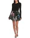 Alice And Olivia Chara Crew Neck Bubble Mini Dress With Thumbholes In The Wind Floral In Black