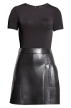 Alice And Olivia Chara Vegan Leather Short-sleeve Pleated Mini Dress In Black