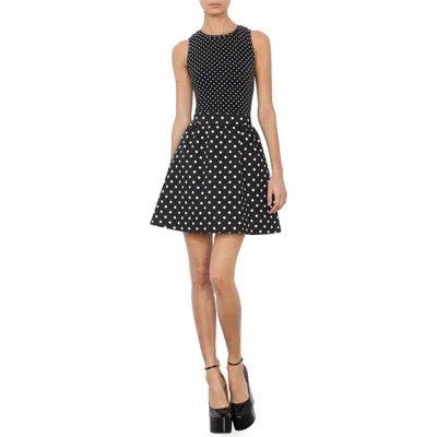 Alice And Olivia Alice + Olivia Chara Mixed Scale Polka Sot Sleeveless Fit & Flare Minidress In Black With White Dots