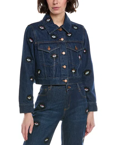 Alice And Olivia Chloe Cropped Embellished Denim Jacket In Blue