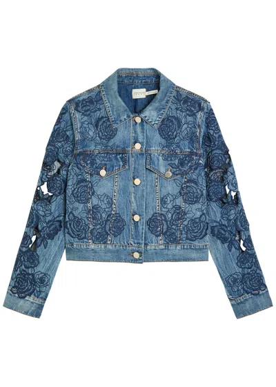 Alice And Olivia Alice + Olivia Chloe Embroidered Cut-out Denim Jacket In Blue