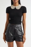 Alice And Olivia Alice + Olivia Ciara Lace Collar Short Sleeve Wool Blend Sweater In Black