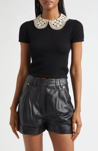 Alice And Olivia Alice + Olivia Ciara Lace Collar Short Sleeve Wool Blend Sweater In Black