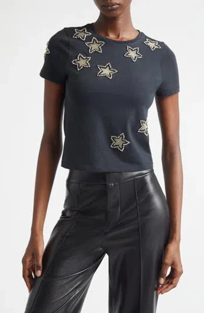 Alice And Olivia Cindy Classic Cropped Tee With Crystal Star Cutouts Black