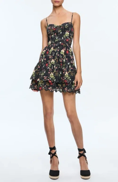Alice And Olivia Tiered Floral-print Broderie Anglaise Cotton Mini Dress In Black