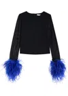Alice And Olivia Delaina Mesh Feather Cuffed Long Sleeve Top In Black
