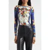 Alice And Olivia Alice + Olivia Delaina Floral Long Sleeve Mesh Top In Multi