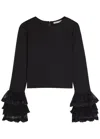 Alice And Olivia Alice + Olivia Delania Mesh Ruffle Cuff Top In Black