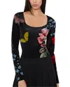 Alice And Olivia Delaina Scoop Neck Long Sleeve Velvet Top In In The Wind Floral
