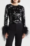 Alice And Olivia Alice + Olivia Delaina Sequin Feather Trim Top In Black