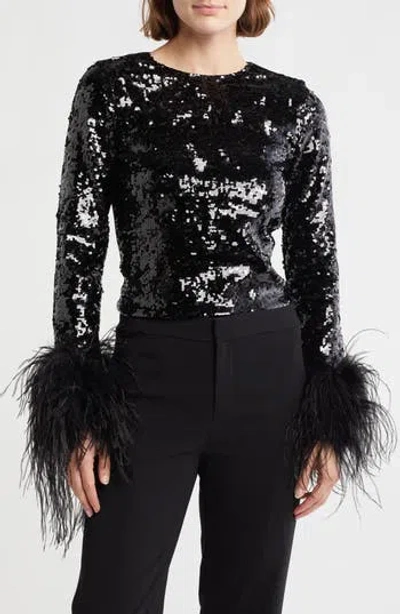Alice And Olivia Alice + Olivia Delaina Sequin Feather Trim Top In Black