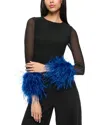 Alice And Olivia Delaina Mesh Feather Cuffed Long Sleeve Top In Multi