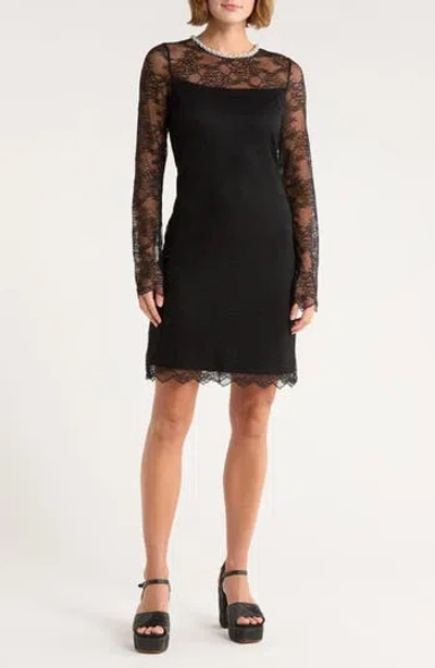 Alice And Olivia Alice + Olivia Delora Faux Pearl Embellished Long Sleeve Lace Dress In Gold