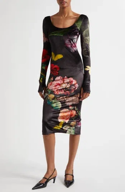 ALICE AND OLIVIA ALICE + OLIVIA DELORA FLORAL PRINT LONG SLEEVE MIDI DRESS