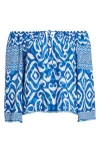 Alice And Olivia Devina Off-the-shoulder Printed Crepe Top In Artisan Ikat French Blue