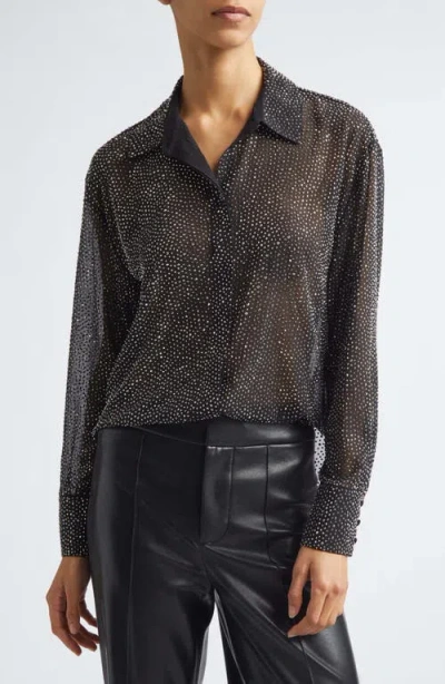 Alice And Olivia Alice + Olivia Dimitra Crystal Embellished Oversize Sheer Shirt In Black