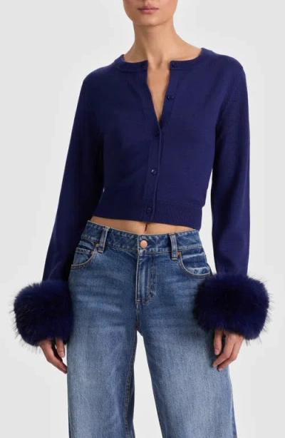 Alice And Olivia Alice + Olivia Dollie Faux Fur Cuff Wool Cardigan In Blue