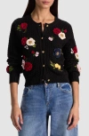 Alice And Olivia Dollie Floral Crewneck Cardigan In Black