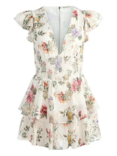 Alice And Olivia Kessie Ruffle Sleeve Romper In Multi