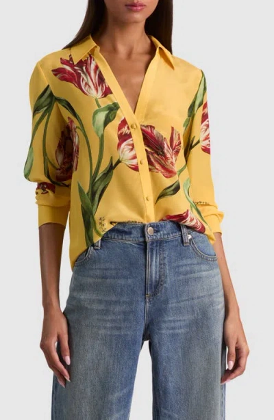 Alice And Olivia Alice + Olivia Eloise Tulip Print Silk Shirt In Yellow