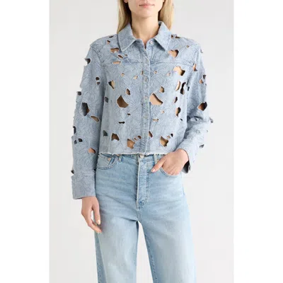 Alice And Olivia Alice + Olivia Embroidered Cutout Floral Denim Crop Shirt Jacket In Blue