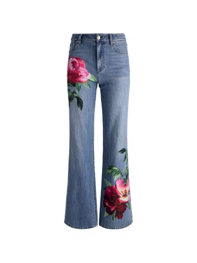 Alice And Olivia Chic High Rise Full Length Rose Print Jeans In Denver Bright Blue