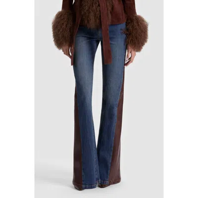 Alice And Olivia Alice + Olivia Faux Leather Godet High Waist Flare Jeans In Georgette Blue/dark Chocolate
