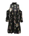 Alice And Olivia Alice + Olivia Floral Print Cold Shoulder Belted Karina Shirt Dress In Black Viscose In Black