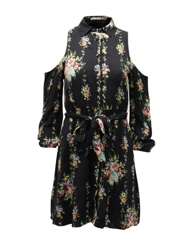 Alice And Olivia Alice + Olivia Floral Print Cold Shoulder Belted Karina Shirt Dress In Black Viscose
