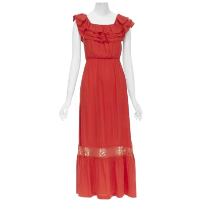 Pre-owned Alice And Olivia Alice Olivia Frayed Edge Ruffle Collar Lace Trim Maxi Dress Us2 S In Red