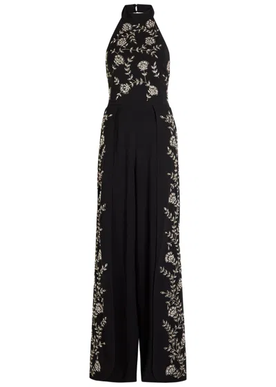 Alice And Olivia Alice + Olivia Gatz Floral-embellished Crepe Jumpsuit In Black