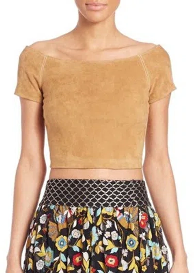 Pre-owned Alice And Olivia Alice + Olivia Gracelyn Suede Off Shoulder Crop Top Tan Size 6 In Brown